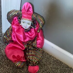 Colorful Jester Doll with Pink Accents